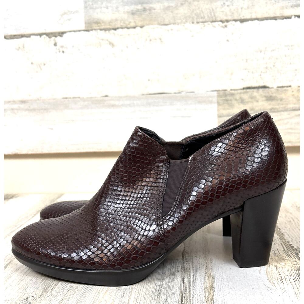 Ecco Womens 8 Brown Snake Embossed Leather Heeled Ankle Booties Designer